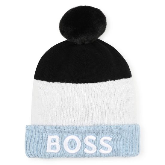 BOSS KIDSWEAR Bommelmütze BOSS Baby warme Mütze hellblau weiß schwarz mit Logo und Bommel Logo mehr