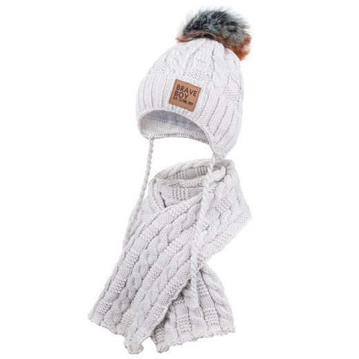 AJS Mütze & Schal Strickmütze Wintermütze Schal Winterset Bommel Bindemütze mit praktischen Bindebändern mehr Fabrikpreis