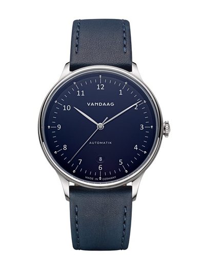 VANDAAG Automatikuhr Primus Automatik Stahl-Blau Made in Germany, Saphirglas, 5 Bar wasserdicht, deutsches Leder mehr Kostenloser Versand