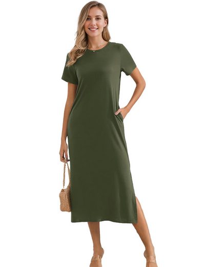 LUCKZON Sommerkleid Damen Maxikleid, geteilt, lässig, T-Shirt-Kleid mit Taschen Rundhalsausschnitt, kurze Ärmel, Sommerkleider mehr Jubiläumsangebot