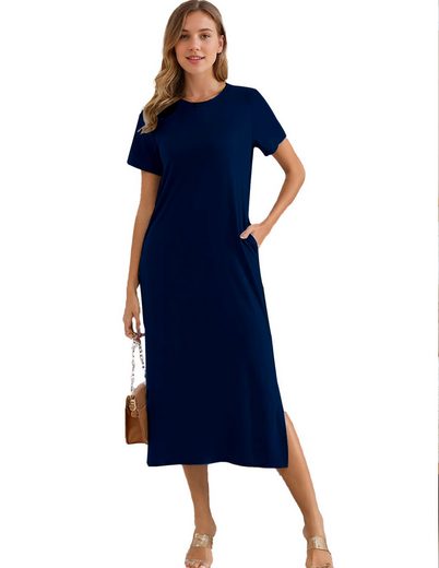 LUCKZON Sommerkleid Damen Maxikleid, geteilt, lässig, T-Shirt-Kleid mit Taschen Rundhalsausschnitt, kurze Ärmel, Sommerkleider mehr Heißer Verkauf