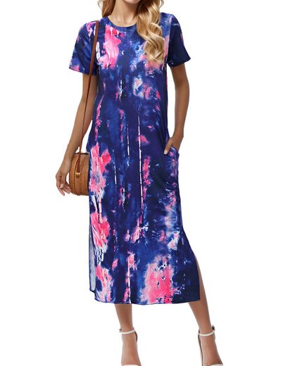 LUCKZON Sommerkleid Damen Maxikleid, geteilt, lässig, T-Shirt-Kleid mit Taschen Rundhalsausschnitt, kurze Ärmel, Sommerkleider mehr Heißer Verkauf