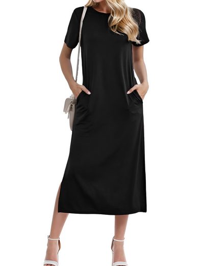 LUCKZON Sommerkleid Damen Maxikleid, geteilt, lässig, T-Shirt-Kleid mit Taschen Rundhalsausschnitt, kurze Ärmel, Sommerkleider mehr Heißer Verkauf