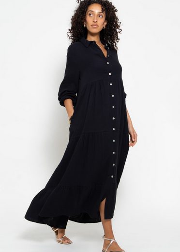 SASSYCLASSY Maxikleid Musselin Maxi Kleid mit Volants Baumwollleid mit Kragen, Knopfleiste und einem Gummizug am Ärmel mehr Räumungsverkauf