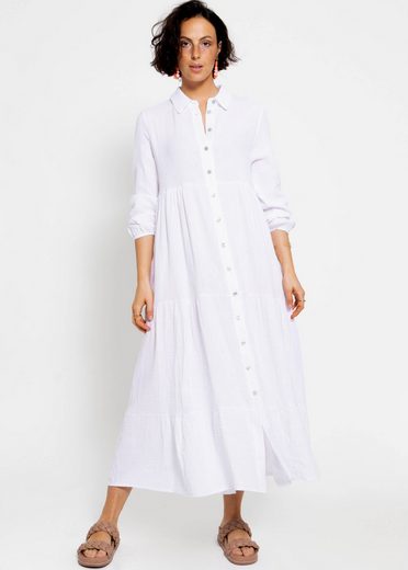 SASSYCLASSY Maxikleid Musselin Maxi Kleid mit Volants Baumwollleid mit Kragen, Knopfleiste und einem Gummizug am Ärmel mehr Räumungsverkauf