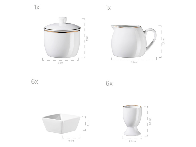 MÄSER Serie Professional Dining, Zubehör Set aus Müslischalen, Eierbechern, Schüsseln, Zuckerdose, Milchkännchen, Dipschälchen und Servierplatten, 24-teilig, Weiß mit Goldrand Fabrikladen