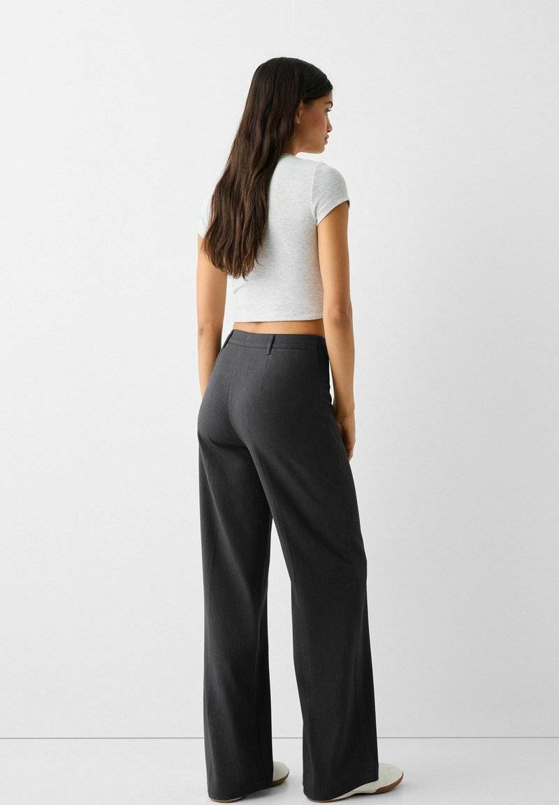 Bershka Bershka WIDE TAILORED - Trousers - mottled dark grey Sonderangebot der Fabrik