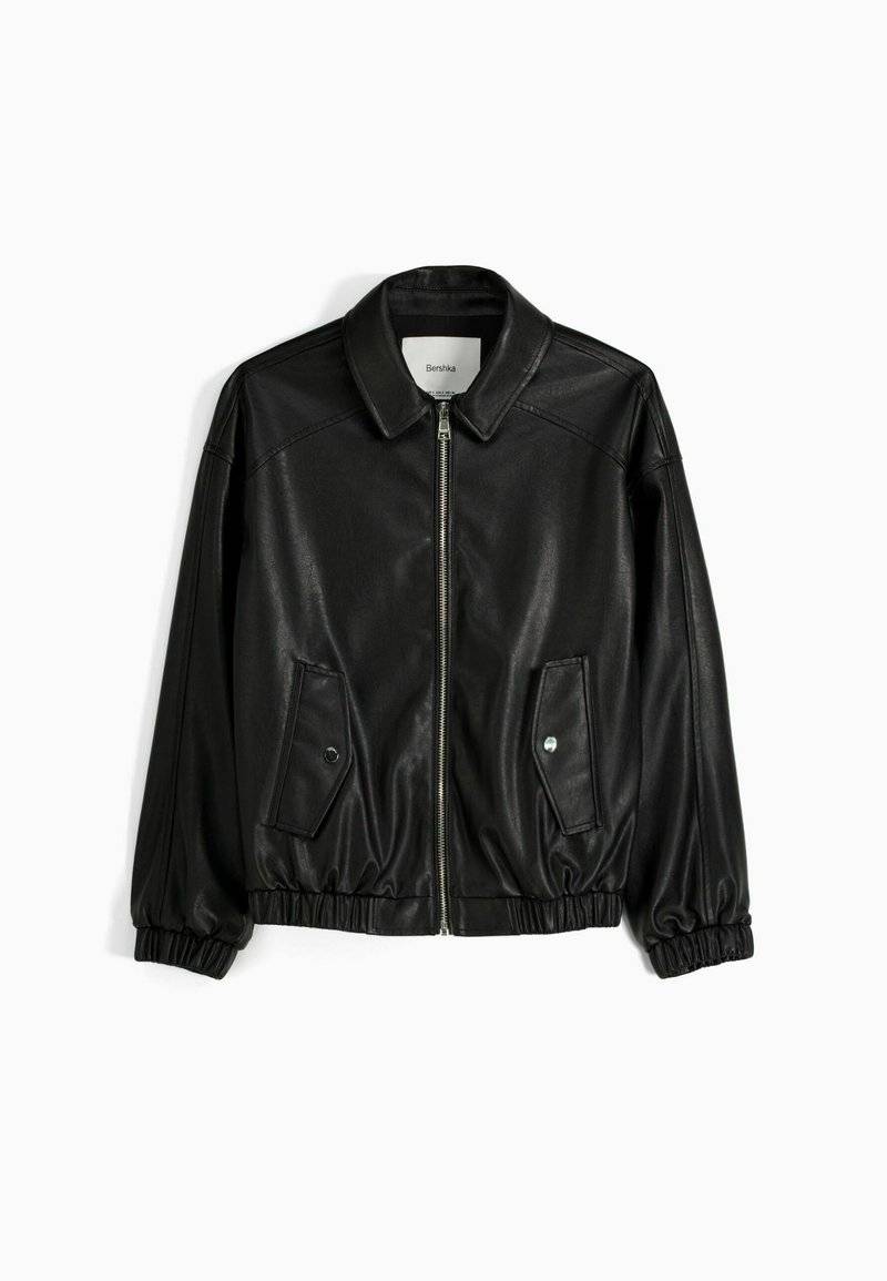 Bershka Bershka DAD FIT - Faux leather jacket - black Sonderangebot der Fabrik