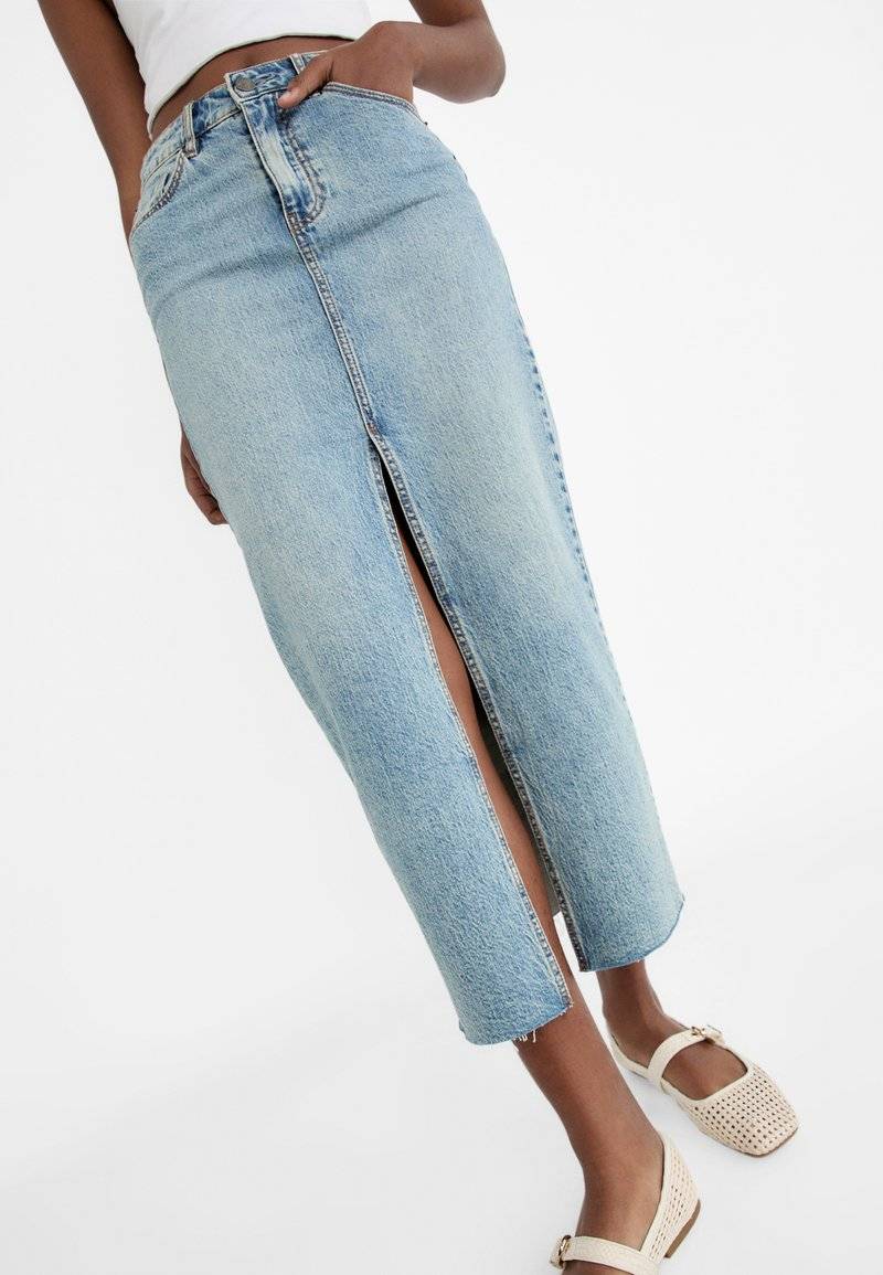 Stradivarius Stradivarius IM COMFORT-FIT - Maxi skirt - stone blue denim Valentinstagsangebot