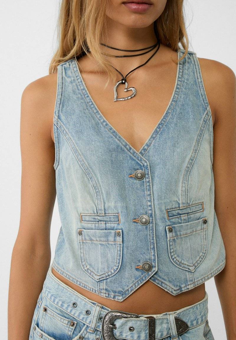 Stradivarius Stradivarius STUDDED - Waistcoat - laser denim Super Sparpreis